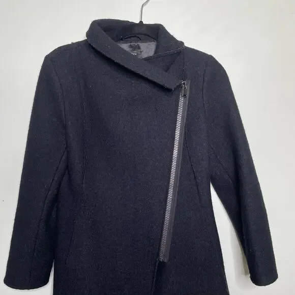 Halogen Long Sleeve Mid-Length Asymmetrical Zip Wool Blend Coat Black Petite